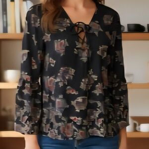 Abercrombie & Fitch Sheer Black Floral Boho Tie-Neck Peasant Blouse XS